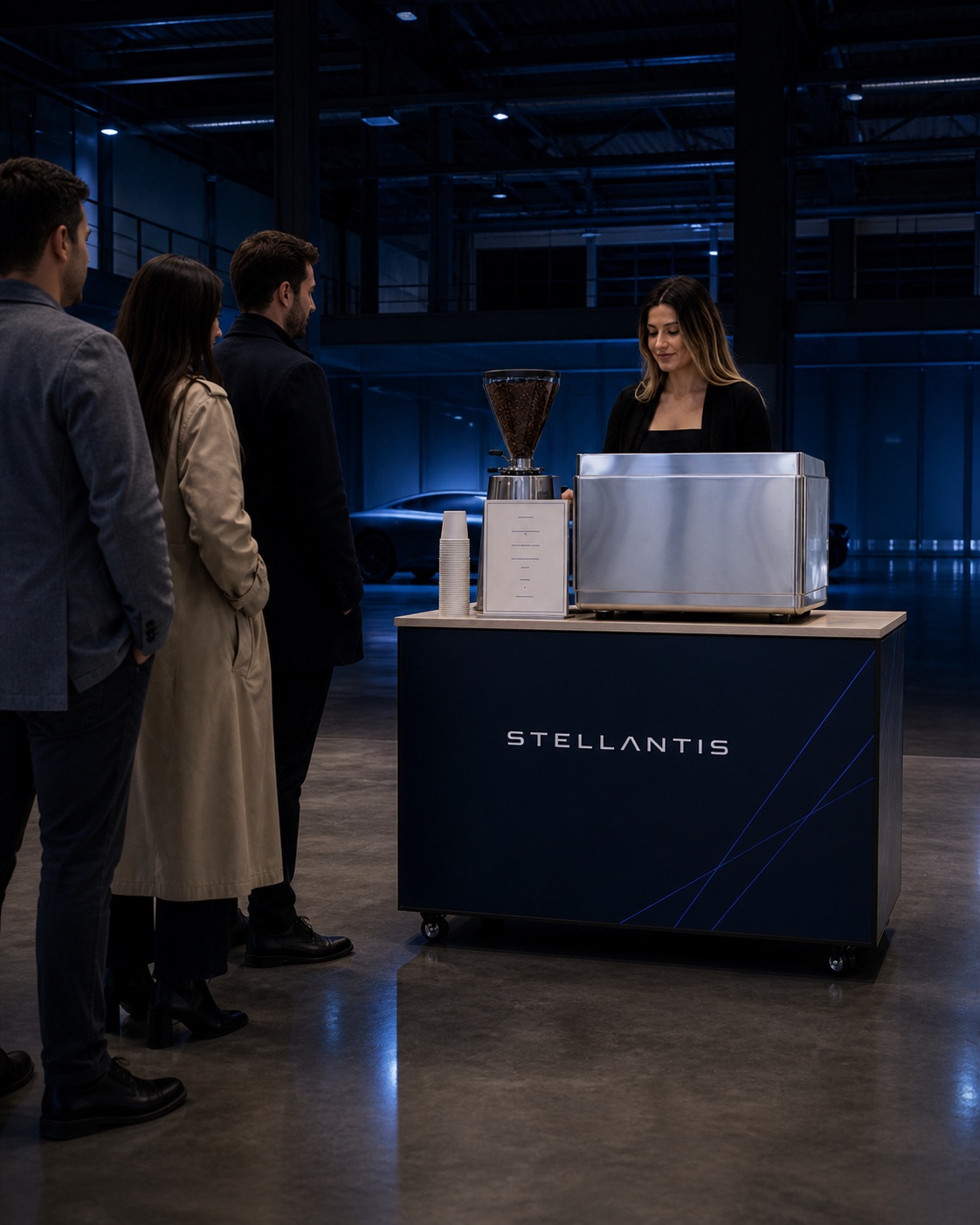 Projection d'un coffee bar Stellantis dans un hall automobile