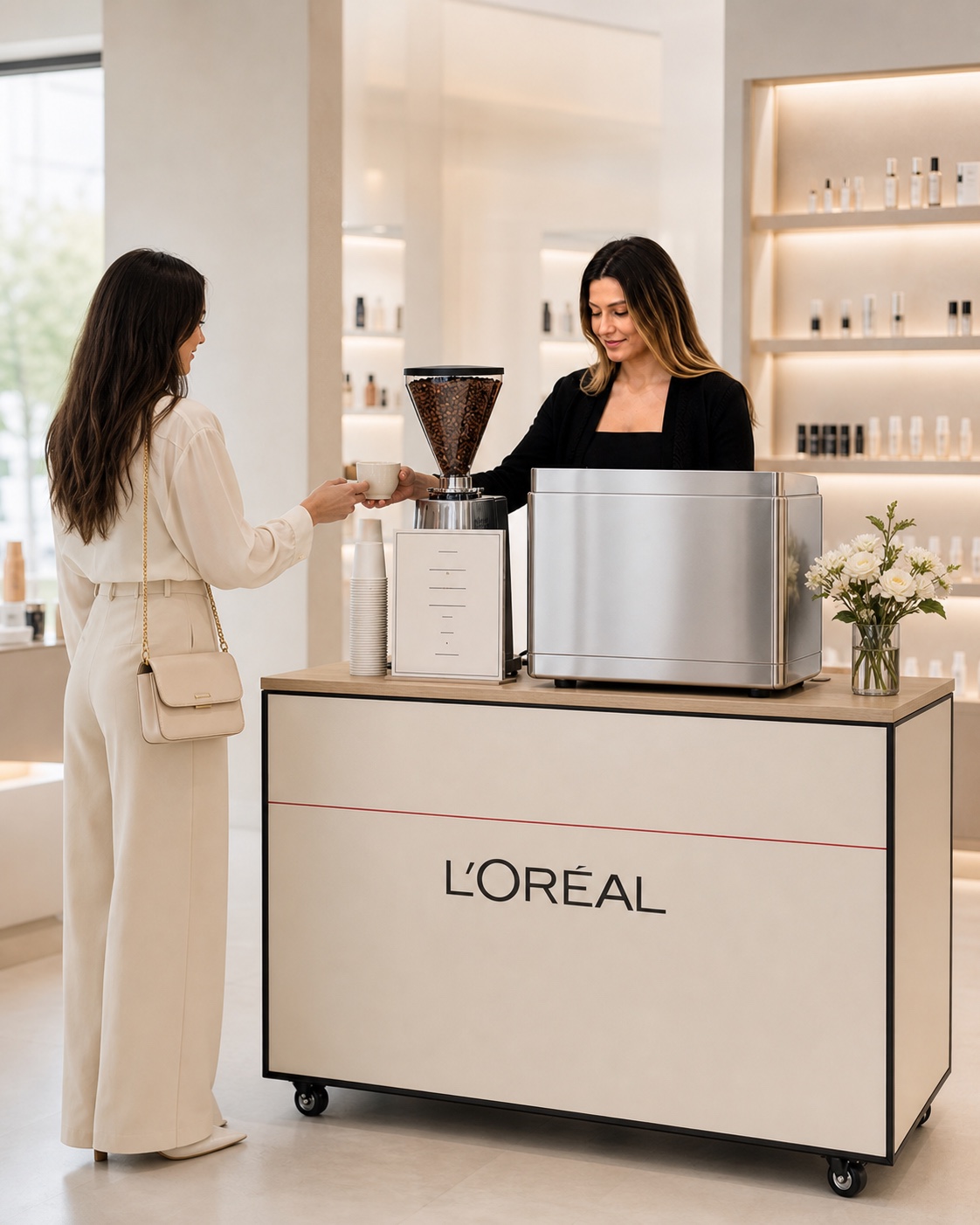 Projection d'un coffee bar L'Oréal dans un showroom beauté