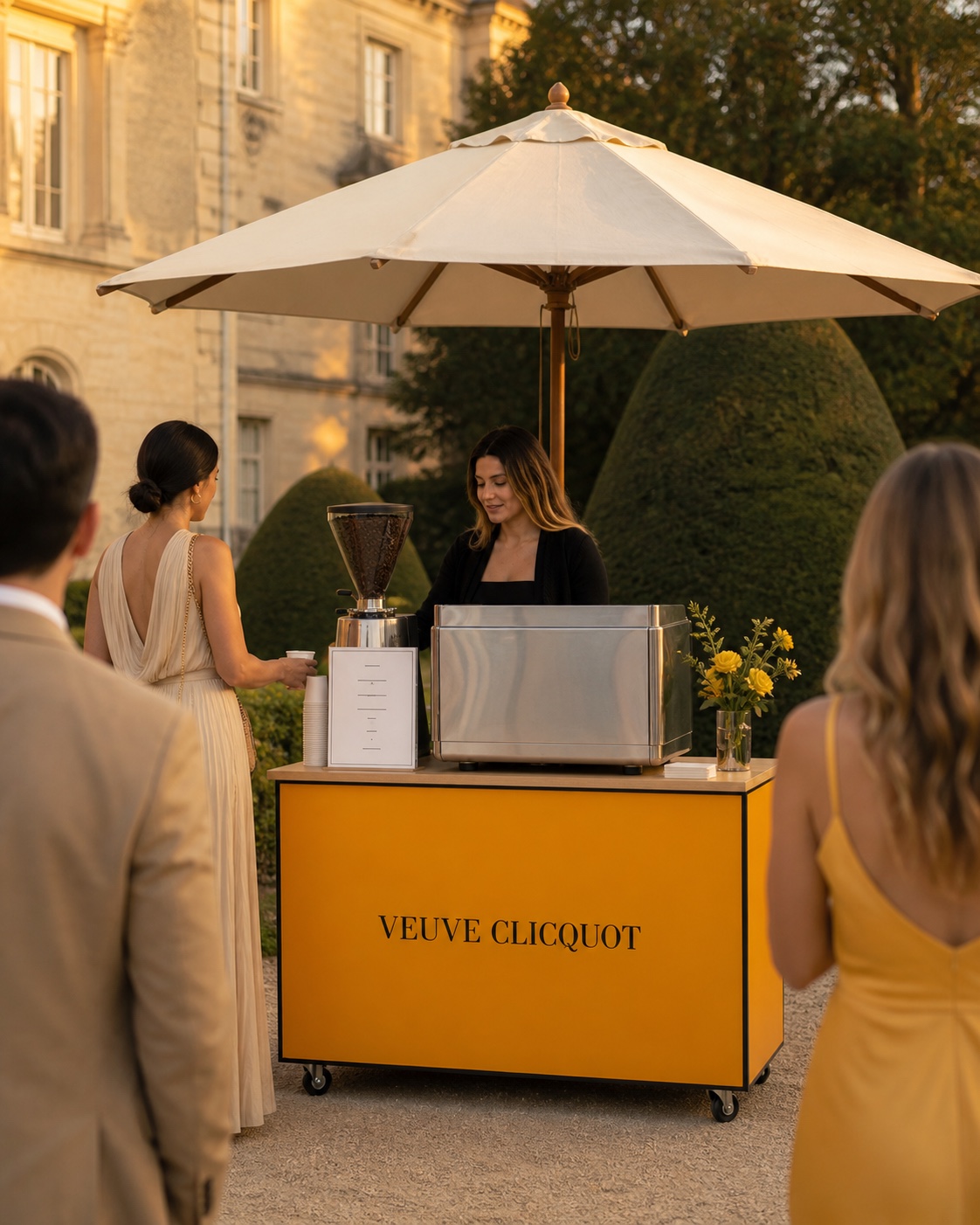 Projection d'un coffee bar Veuve Clicquot sous parasol