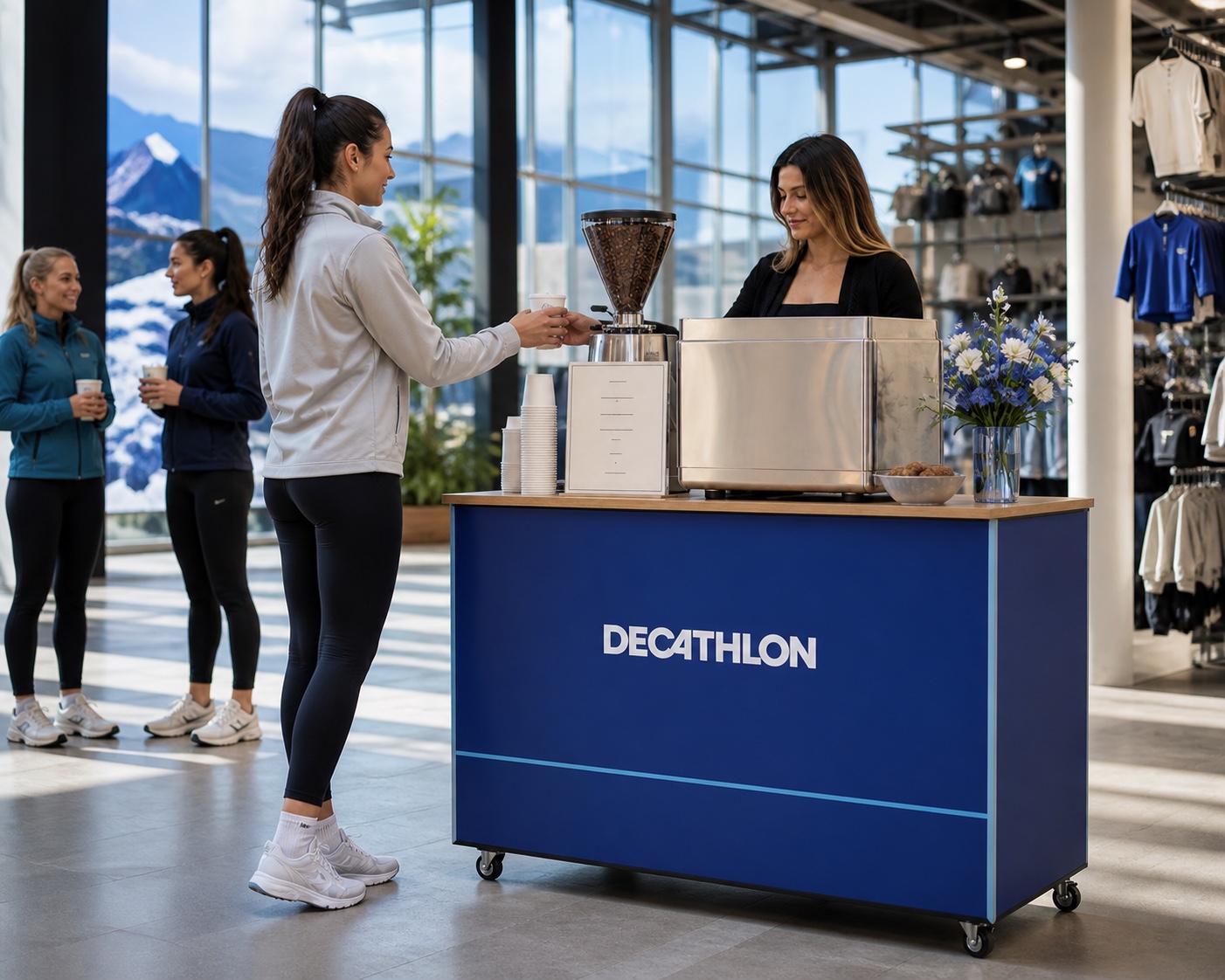 Service au coffee bar Decathlon pendant un événement sportif