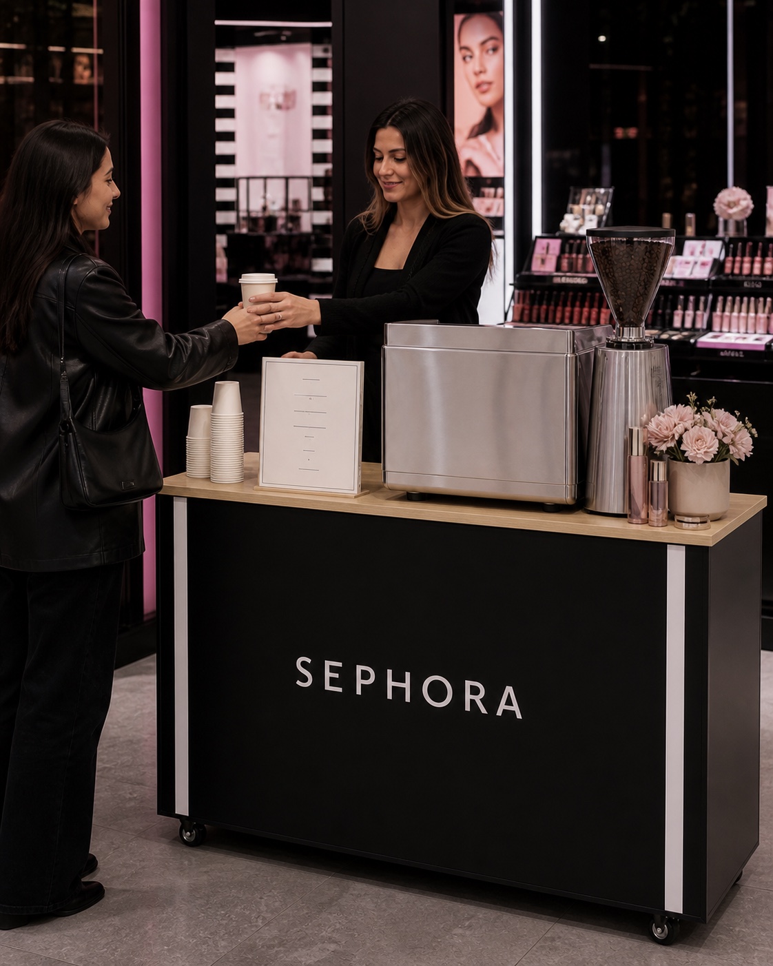 Projection d'un coffee bar Sephora pendant une activation beauté