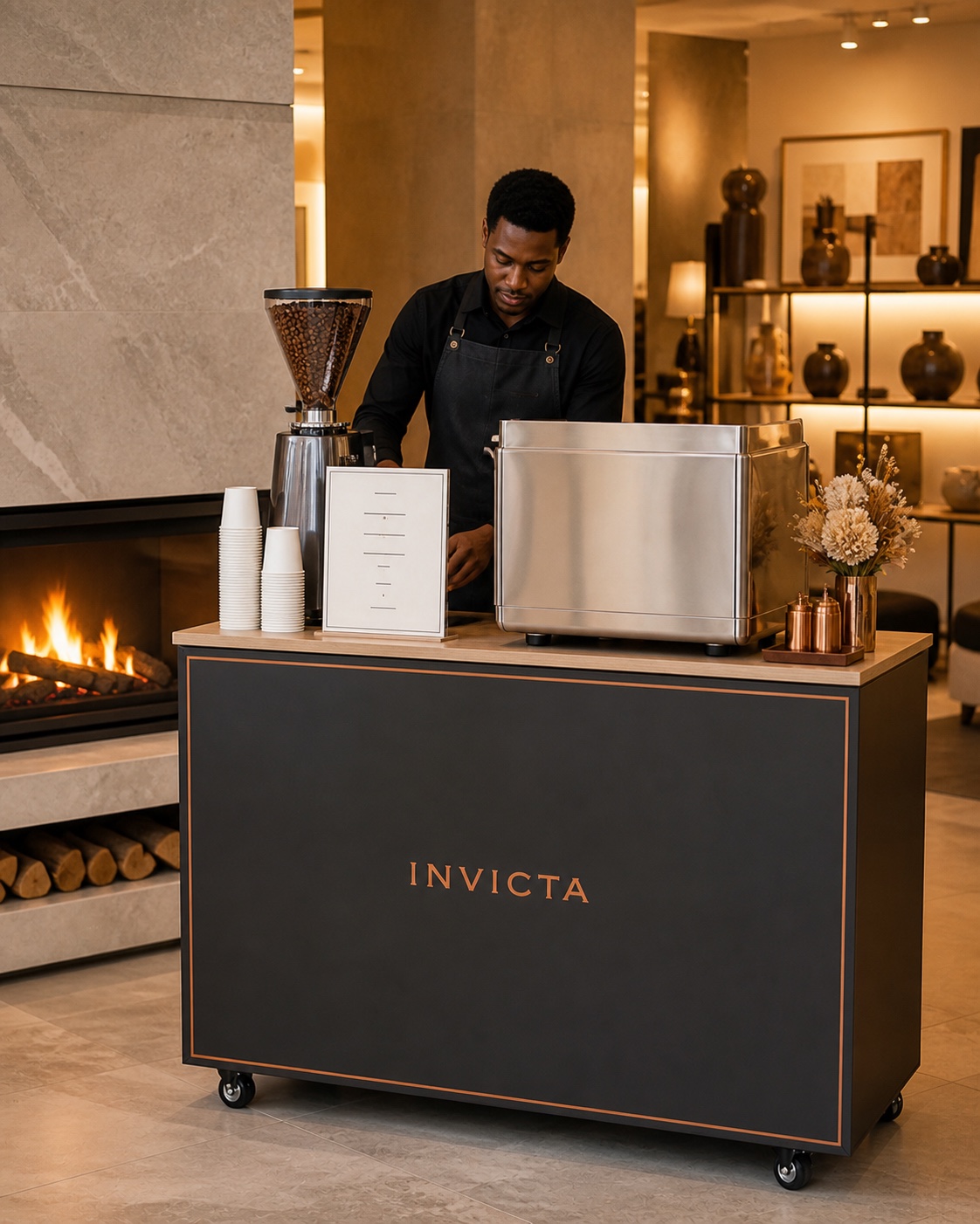 Préparation du coffee bar Invicta dans un showroom