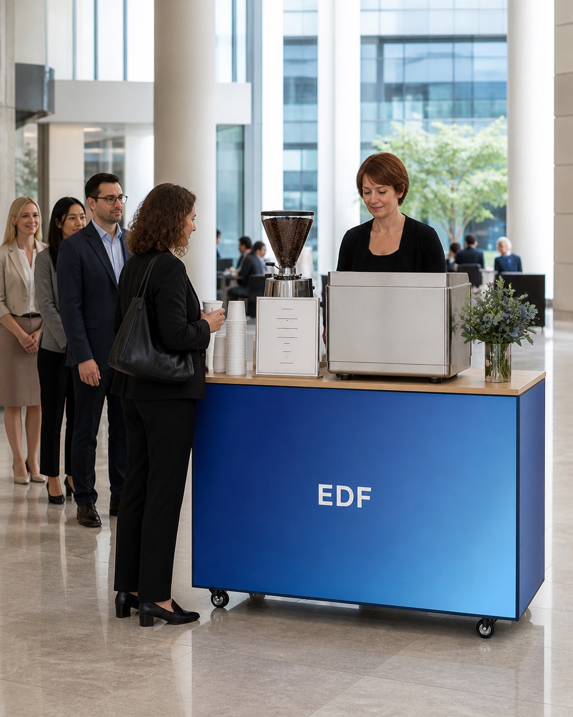 Coffee bar EDF équipé dans un atrium d'entreprise