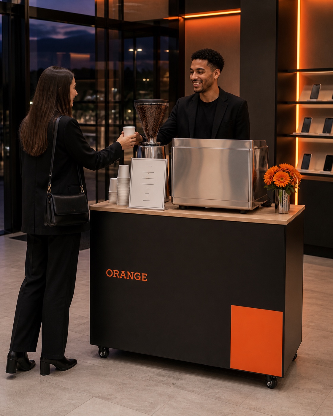 Échange avec un invité au coffee bar Orange