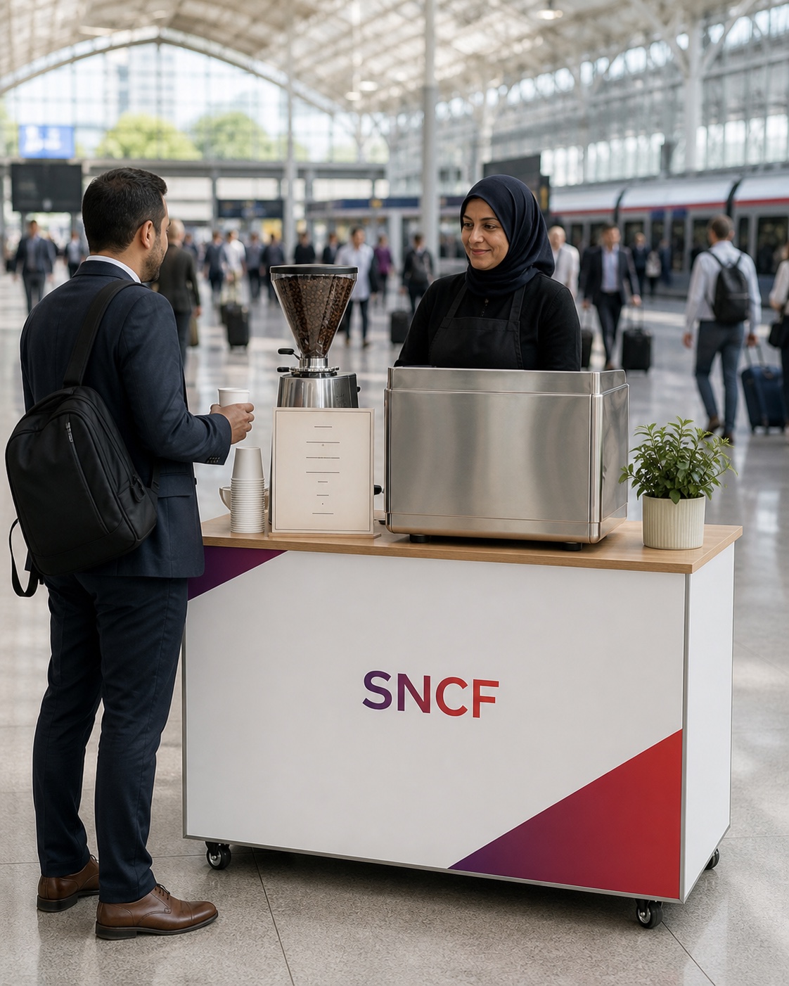 Coffee bar SNCF dans un grand hall de gare